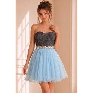 DEB Prom Party Dress blue gray Tulle Strapless Rhinestones Bedazzled Size 3